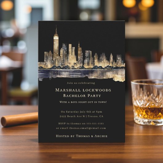Gilded Cityscape Night Bachelor Party Invitation Kaart