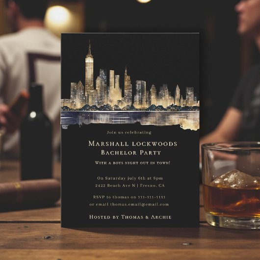 Gilded Cityscape Night Bachelor Party Invitation Kaart