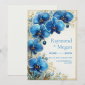 Gilded Cobalt Blue Orchid Botanical Wedding Kaart (Voorkant / Achterkant)