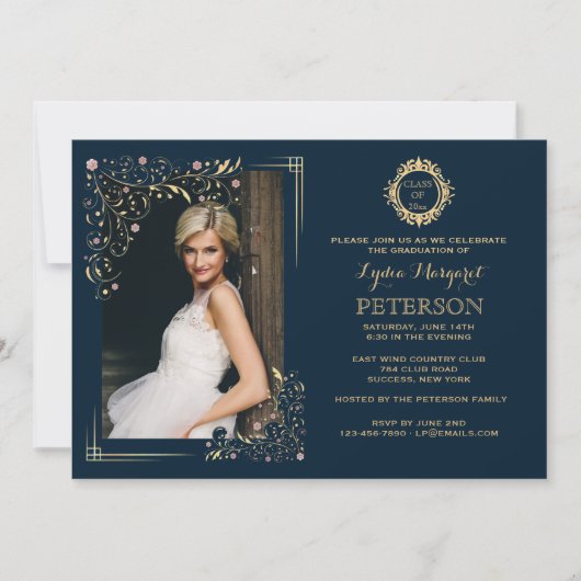 Gilded Corners Floral Photo Afstuderen Invitation Kaart (Voorkant)