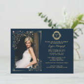 Gilded Corners Floral Photo Afstuderen Invitation Kaart (Staand voorkant)