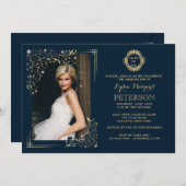 Gilded Corners Floral Photo Afstuderen Invitation Kaart (Voorkant / Achterkant)