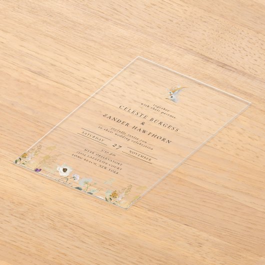 Gilded Crescent Moon Wildflower Wedding Acryl Uitnodigingen (Laagn)