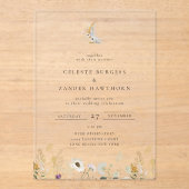 Gilded Crescent Moon Wildflower Wedding Acryl Uitnodigingen (Voorkant)