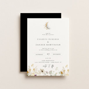 Gilded Crescent Moon Wildflower Wedding Invitation Aankondiging