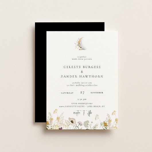 Gilded Crescent Moon Wildflower Wedding Invitation Aankondiging