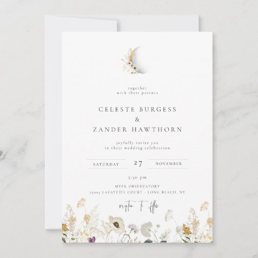 Gilded Crescent Moon Wildflower Wedding Invitation Aankondiging (Voorkant)