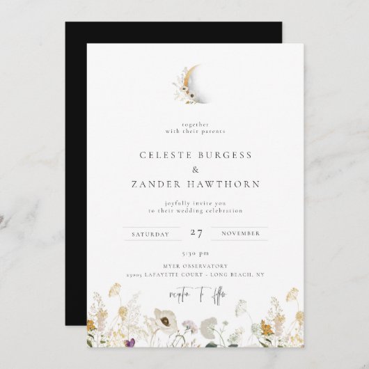 Gilded Crescent Moon Wildflower Wedding Invitation Aankondiging (Voorkant / Achterkant)