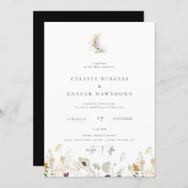 Gilded Crescent Moon Wildflower Wedding Invitation Aankondiging