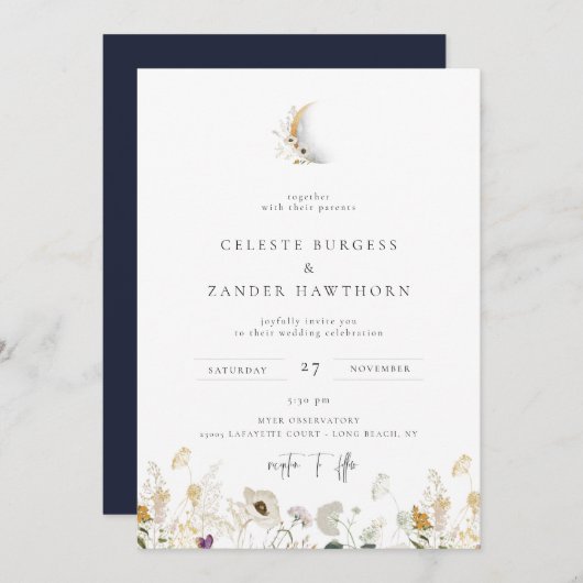 Gilded Crescent Moon Wildflower Wedding Invitation Aankondiging (Voorkant / Achterkant)