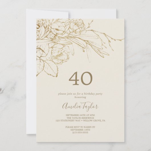 Gilded Floral | 40e verjaardag van crème en goud Kaart (Voorkant)