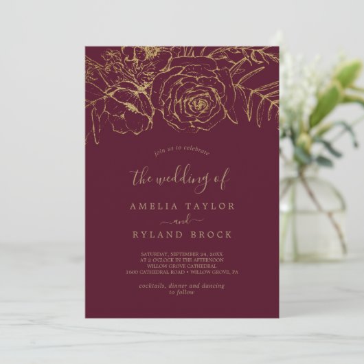 Gilded Floral | Bourgogne en goud Het huwelijk van Kaart (Staand voorkant)