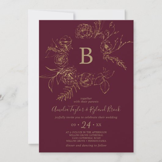 Gilded Floral | Bourgogne en goudmonogram huwelijk Kaart (Voorkant)