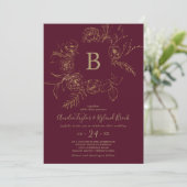Gilded Floral | Bourgogne en goudmonogram huwelijk Kaart (Staand voorkant)