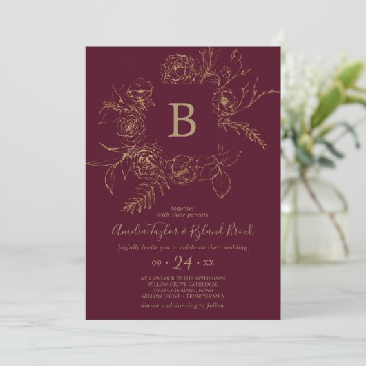 Gilded Floral | Bourgogne en goudmonogram huwelijk Kaart (Staand voorkant)