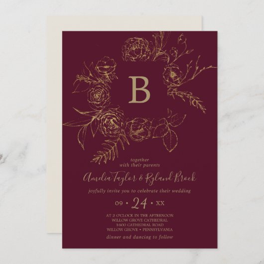 Gilded Floral | Bourgogne en goudmonogram huwelijk Kaart (Voorkant / Achterkant)