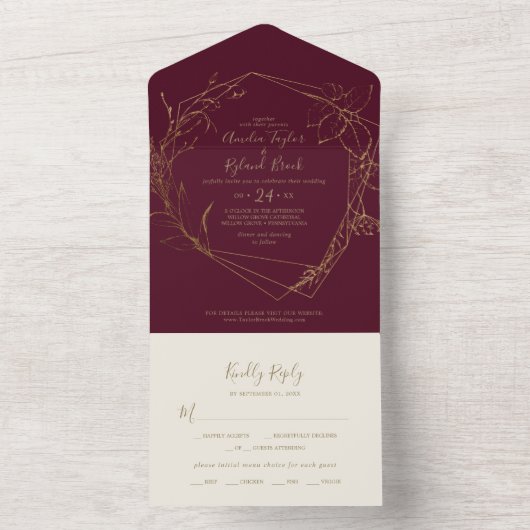 Gilded Floral | Bourgogne en goudweddenschappen All In One Uitnodiging (Binnen)