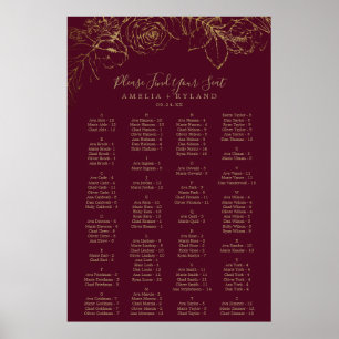 Gilded Floral Burgundy Alfabetical Seat Chart Poster