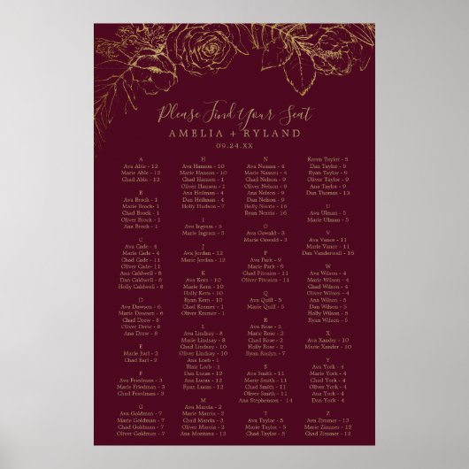 Gilded Floral Burgundy Alfabetical Seat Chart Poster (Voorkant)
