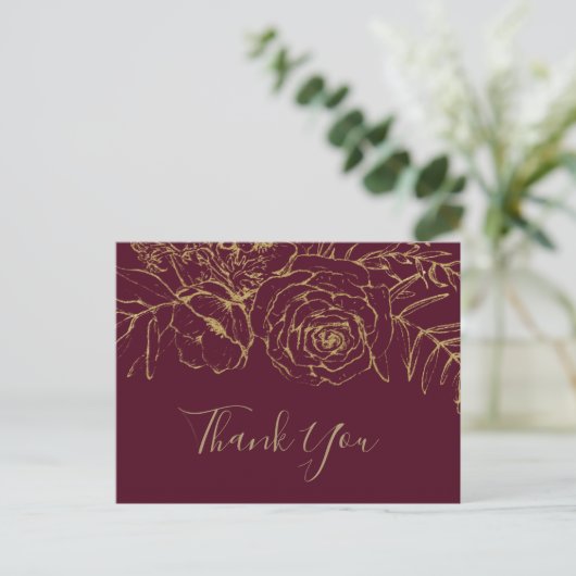 Gilded Floral Burgundy & Gold Bedankt Briefkaart (Staand voorkant)