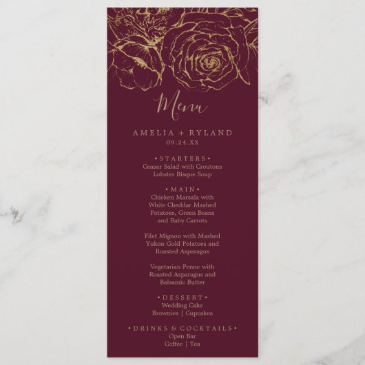 Gilded Floral Burgundy & Gold Wedding Dinner Menu (Voorkant)