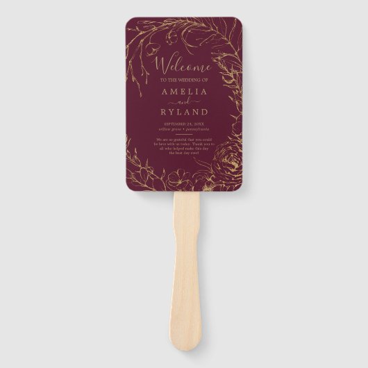 Gilded Floral Burgundy & Gold Wedding Programme Fa Handwaaier (Voorkant)