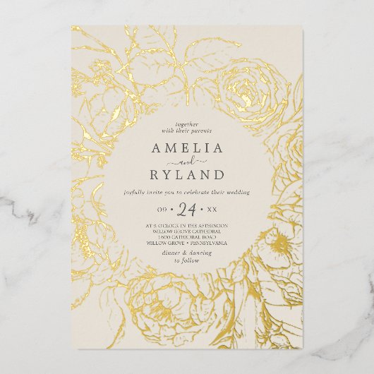 Gilded Floral | Casual bruiloft met goudolieramp Folie Uitnodiging (Voorkant)