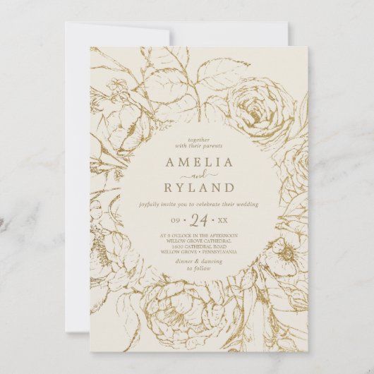 Gilded Floral | Casual huwelijk tussen crème en go Kaart (Voorkant)