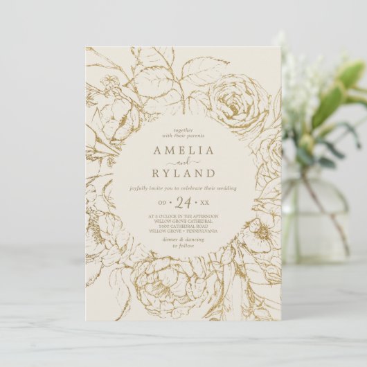 Gilded Floral | Casual huwelijk tussen crème en go Kaart (Staand voorkant)