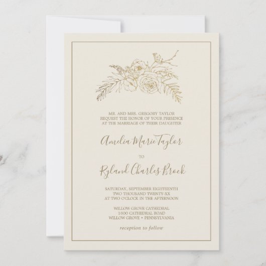 Gilded Floral | Cream and Gold Formal Wedding Kaart (Voorkant)