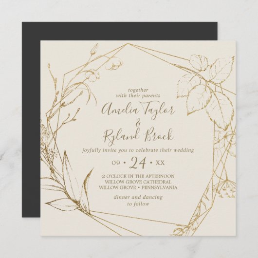 Gilded Floral | Cream and Gold Geometric Wedding Kaart (Voorkant / Achterkant)