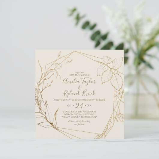 Gilded Floral | Cream and Gold Geometric Wedding Kaart (Staand voorkant)