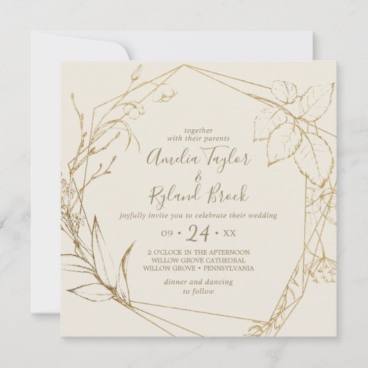 Gilded Floral | Cream and Gold Geometric Wedding Kaart (Voorkant)