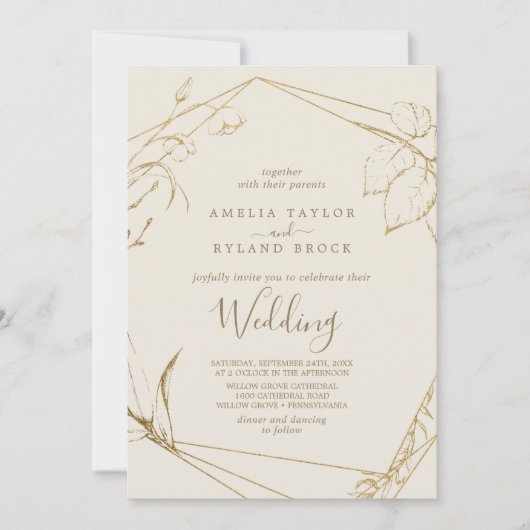 Gilded Floral | Cream and Gold Wedding Kaart (Voorkant)
