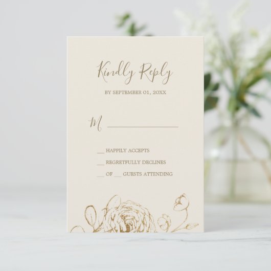 Gilded Floral | Cream- en Gold-eenvoudige RSVP-kaa RSVP Kaartje (Staand voorkant)
