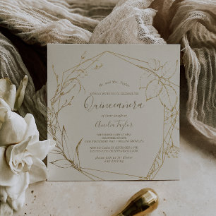 Gilded Floral Cream en Gold Quinceañera Kaart