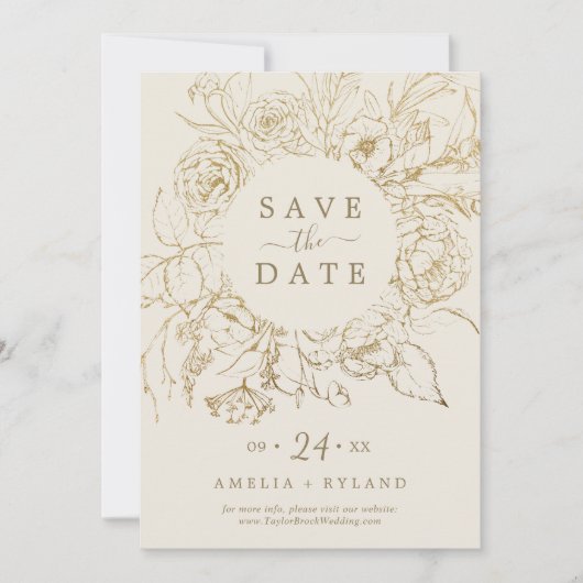 Gilded Floral Cream & Gold Save the Date Kaart (Voorkant)