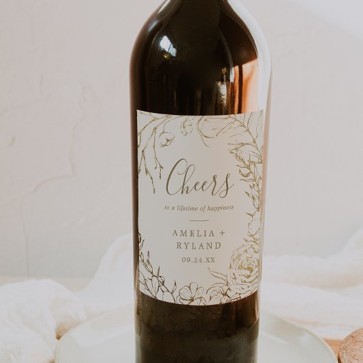 Gilded Floral | Crème Cheers Wedding Wine Labels Wijn Etiket