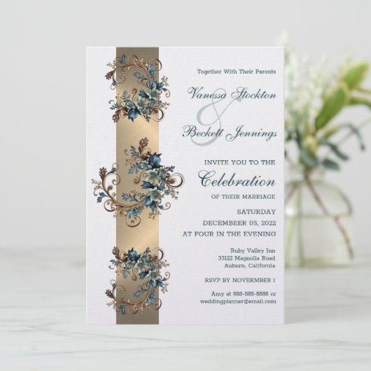 Gilded Floral Elegance Wedding Invitation Kaart (Staand voorkant)
