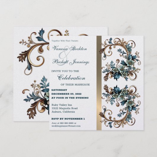 Gilded Floral Elegance Wedding Invitation Kaart (Voorkant / Achterkant)