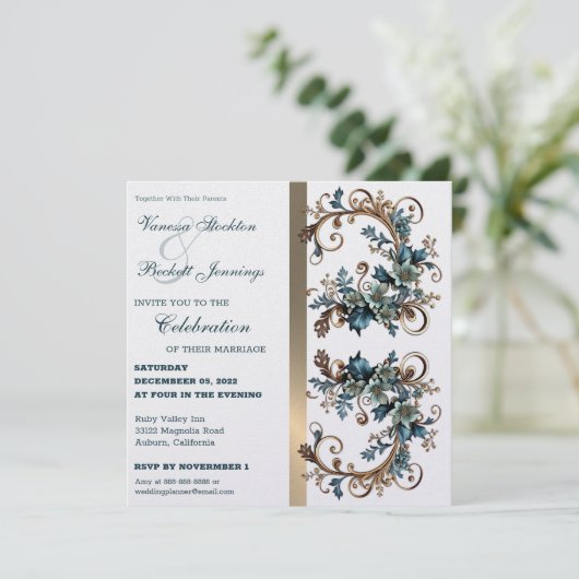 Gilded Floral Elegance Wedding Invitation Kaart (Staand voorkant)
