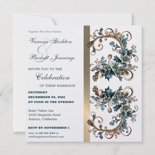 Gilded Floral Elegance Wedding Invitation Kaart (Voorkant)