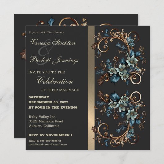 Gilded Floral Elegance Wedding Invitation Kaart (Voorkant / Achterkant)