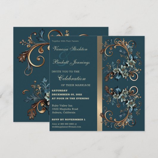 Gilded Floral Elegance Wedding Invitation Kaart (Voorkant / Achterkant)