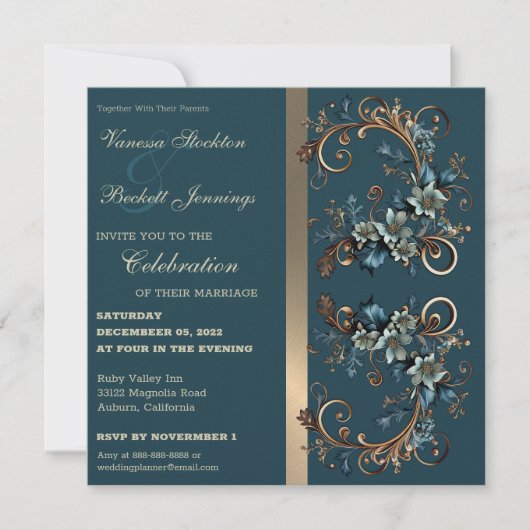 Gilded Floral Elegance Wedding Invitation Kaart (Voorkant)