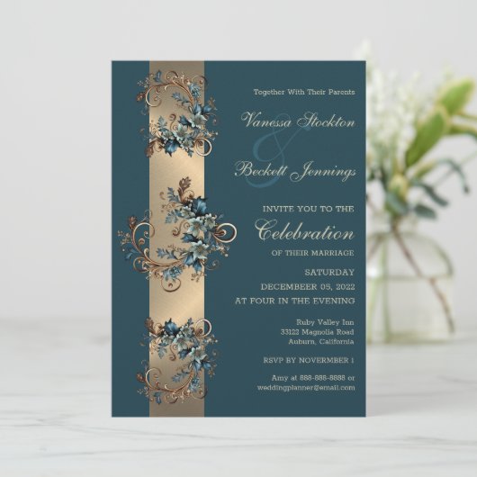 Gilded Floral Elegance Wedding Invitation Kaart (Staand voorkant)