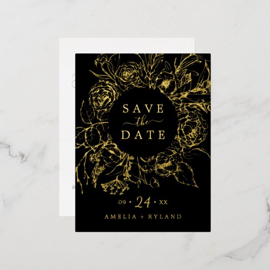Gilded Floral | Gold Foil Black Save the Date Folie Uitnodiging Briefkaart (Voorkant / Achterkant)