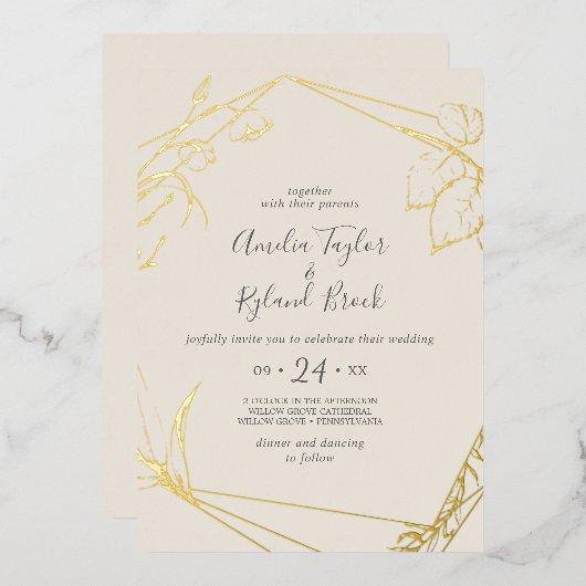 Gilded Floral | Gold Foil Cream Front Back Weduwen Folie Uitnodiging (Voorkant / Achterkant)