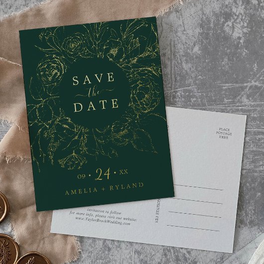 Gilded Floral | Gold Foil Emerald Save the Date Folie Uitnodiging Briefkaart