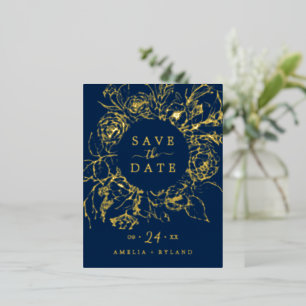 Gilded Floral Gold Foil Navy Blue Save the Date Folie Uitnodiging Briefkaart